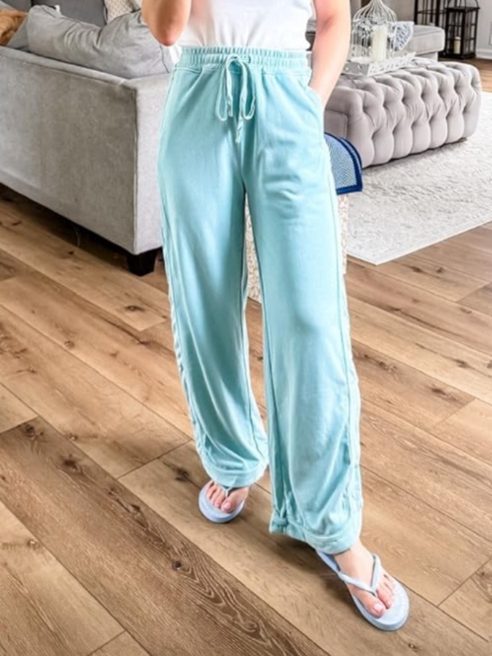 Drawstring elastic waist vintage wash teal lounge pants with pockets